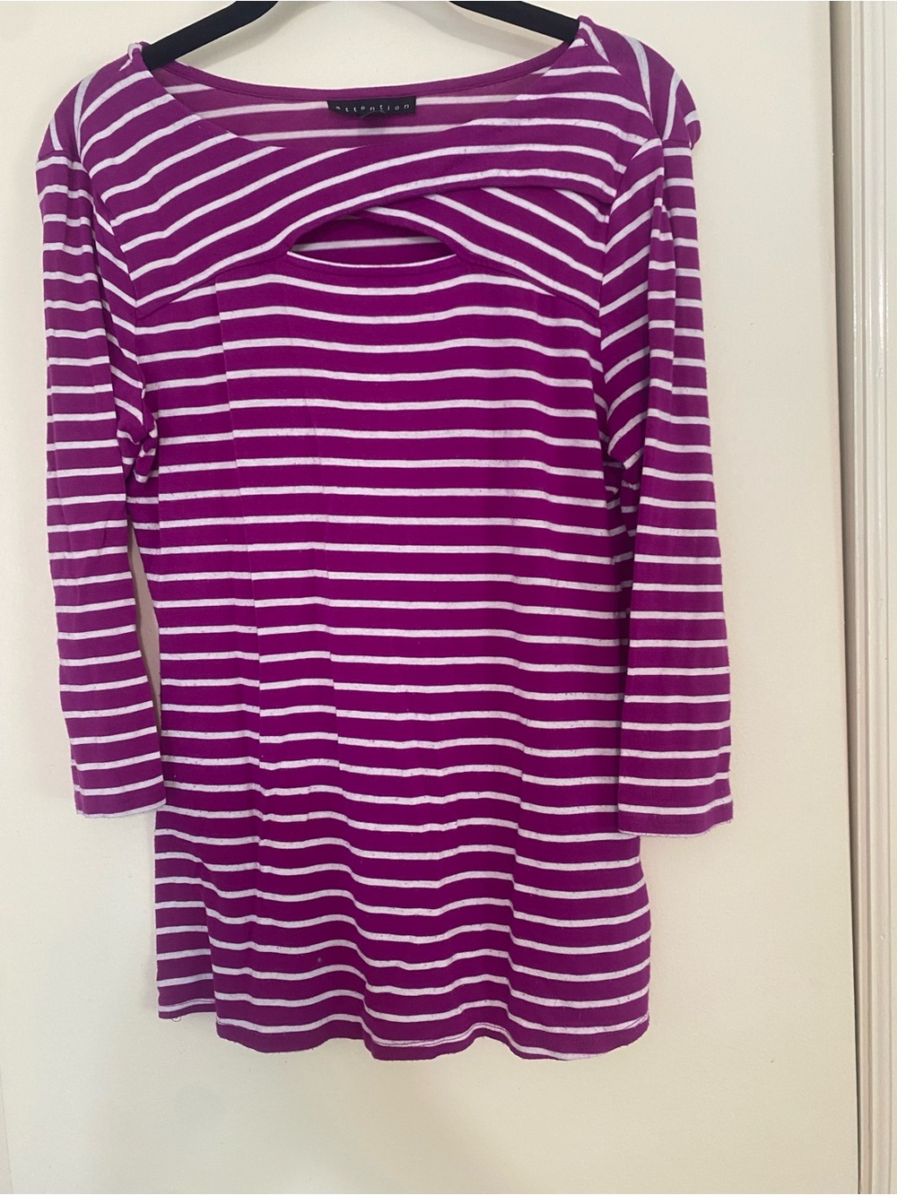 attention Purple and White Striped 3/4 Sleeve with Front Keyhole